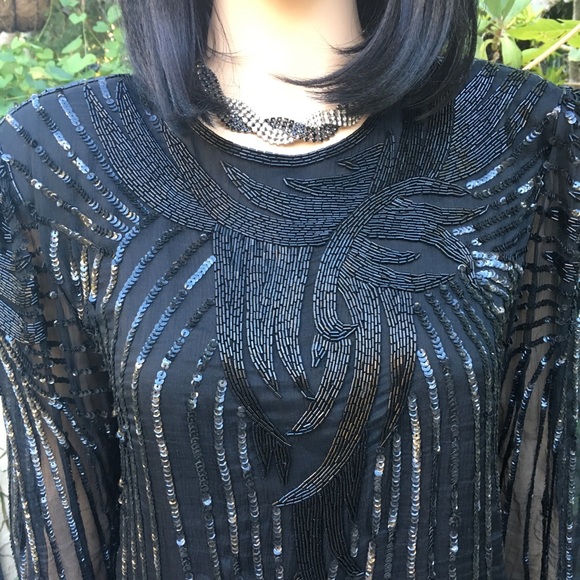 VINTAGE JALM BLACK SEQUIN BLOUSE -LARGE - Picture 2 of 6